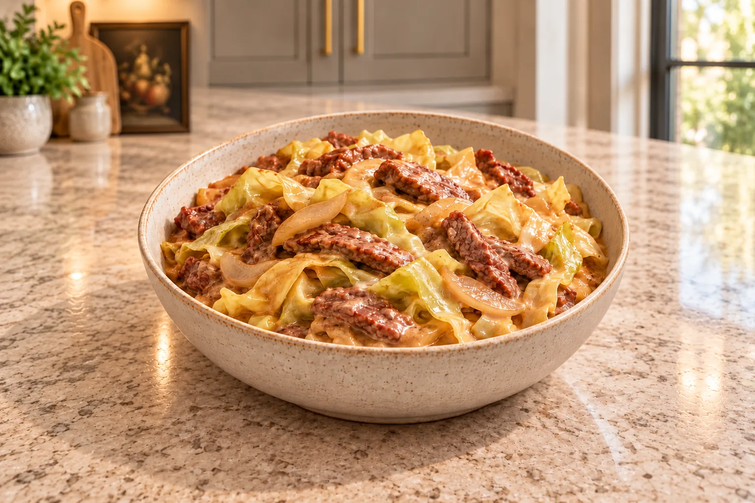 Dairy-free beef stroganoff with cabbage noodles for Full GAPS in a cream serving bowl