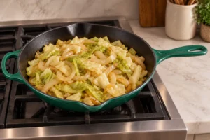 Wide cabbage ribbons and onion softened in an Artichaut skillet for Full GAPS stroganoff