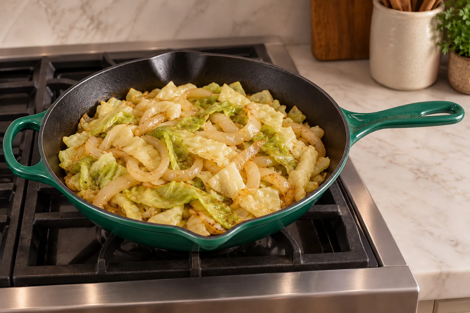 Wide cabbage ribbons and onion softened in an Artichaut skillet for Full GAPS stroganoff