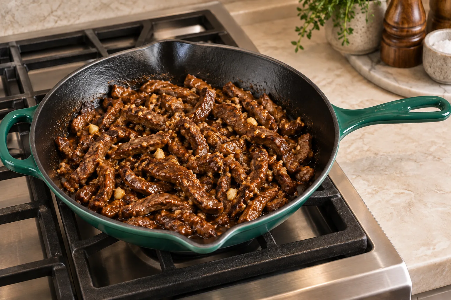 Thin London broil with reduced coconut aminos and garlic in an Artichaut skillet for Full GAPS stroganoff