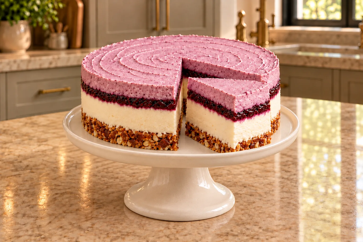 Dairy-free blueberry cheesecake for Full GAPS with cashew-yogurt layers, blueberry-date compote, and a crispy pecan-date crust
