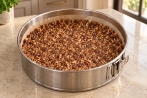 Crispy pecan and date crust pressed evenly into a parchment-lined stainless springform pan
