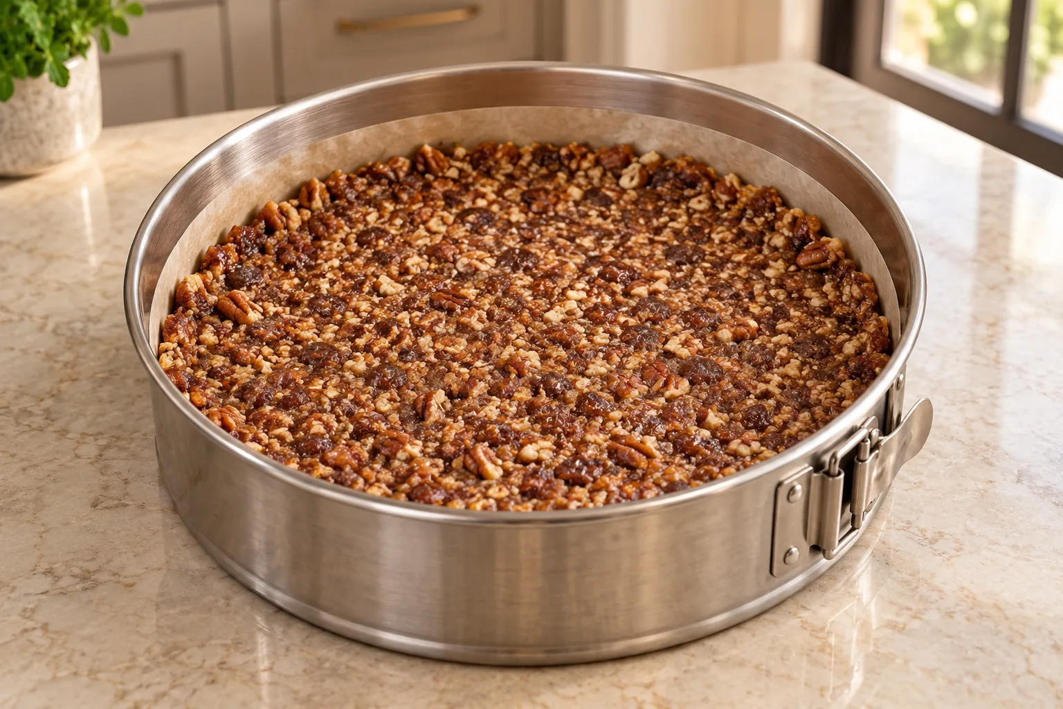 Crispy pecan and date crust pressed evenly into a parchment-lined stainless springform pan
