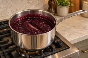 Thick blueberry-date compote holding an open spoon trail in a Le Creuset stainless saucepan