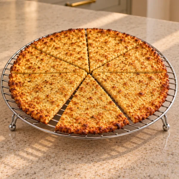 Dairy-free cauliflower pizza crust for Full GAPS with browned edges on a stainless-steel cooling rack