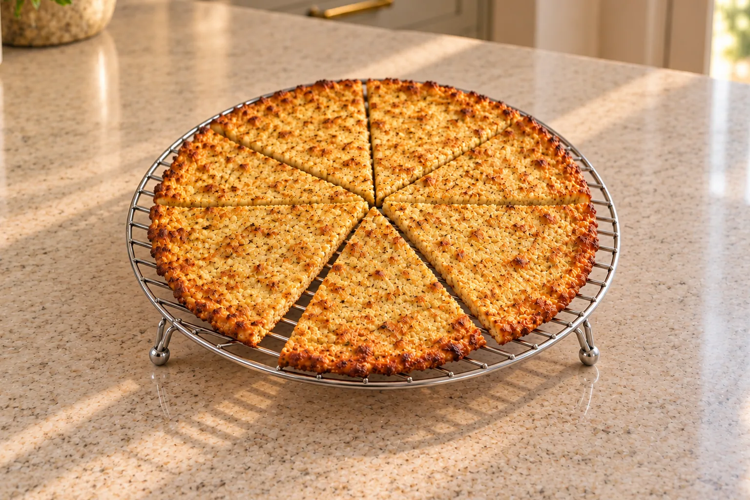 Dairy-free cauliflower pizza crust for Full GAPS with browned edges on a stainless-steel cooling rack