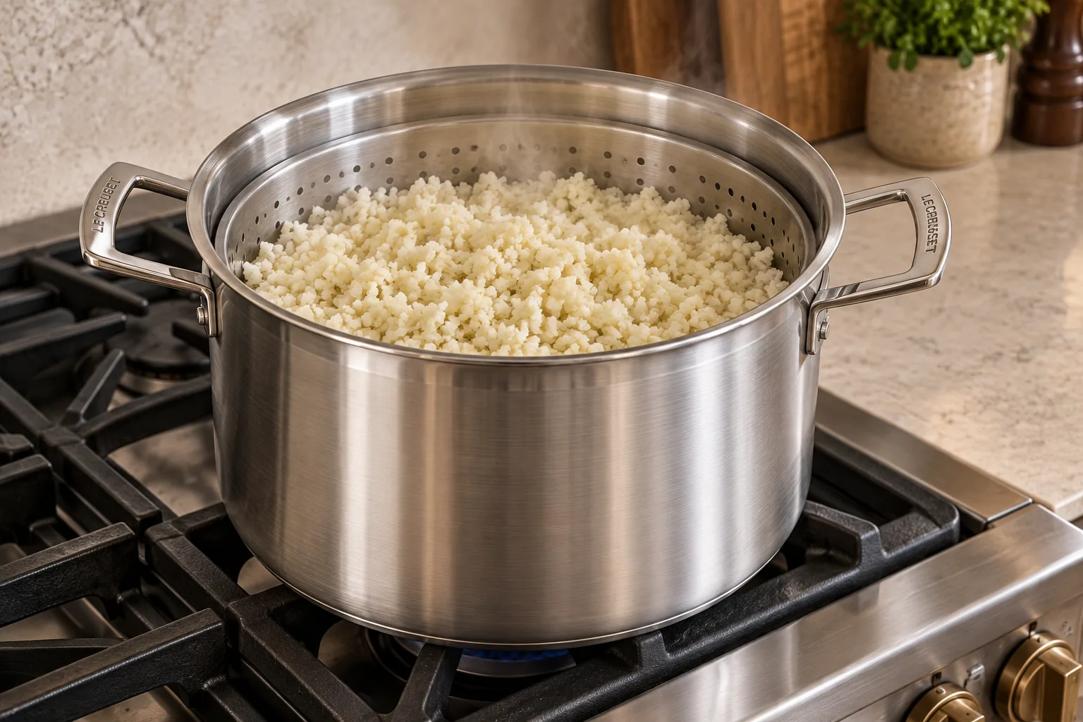 Riced cauliflower steaming above water for Full GAPS in the exact Le Creuset stainless-steel stockpot and steamer basket
