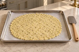 Dairy-free cauliflower pizza crust mixture for Full GAPS spread evenly on coconut-oiled parchment in a stainless-steel sheet pan