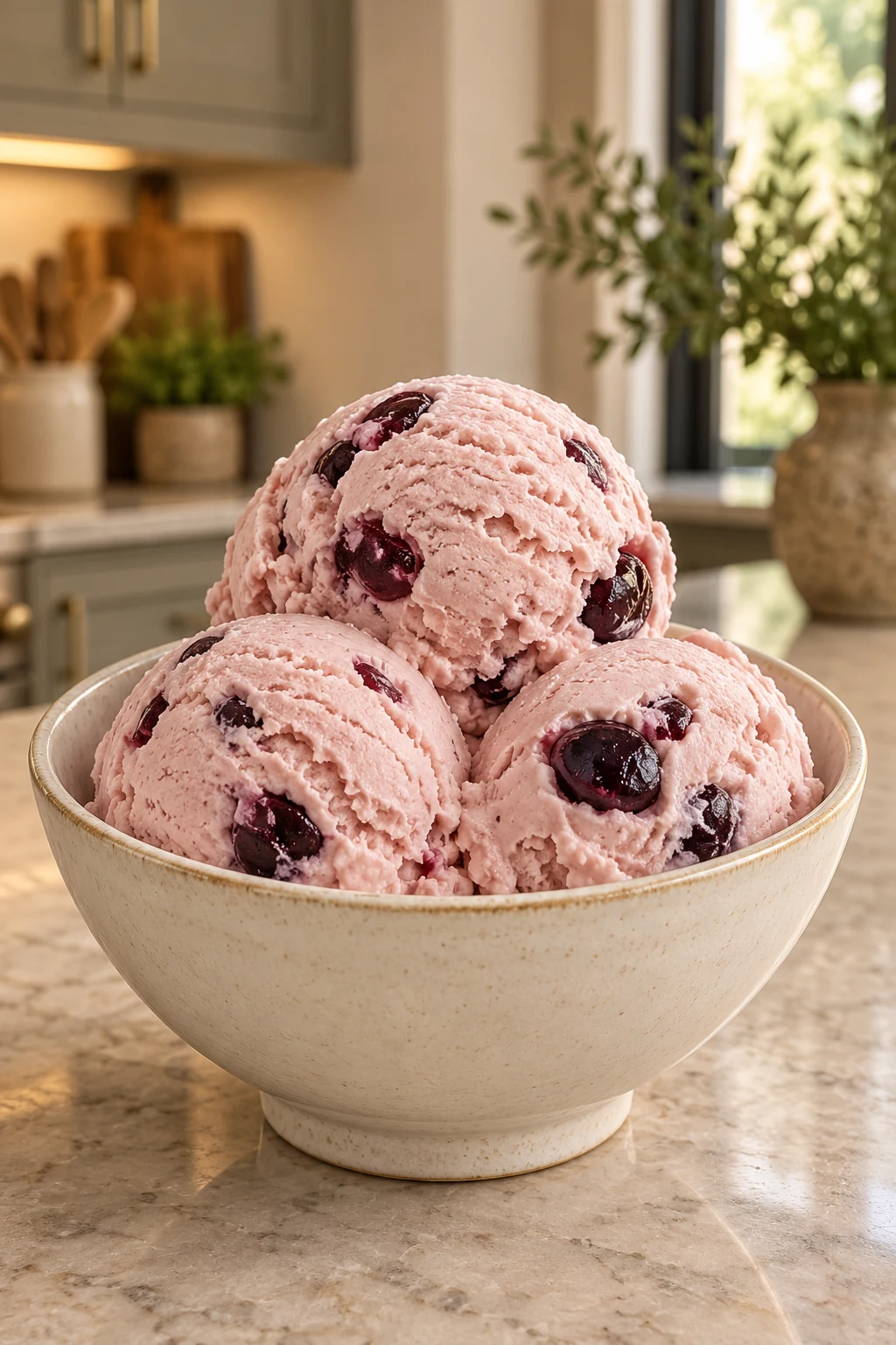 Vertical bowl of dairy-free cherry cheesecake ice cream for Full GAPS