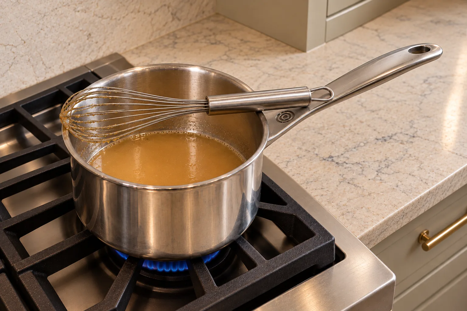 Light golden-brown thin Full GAPS coconut caramel sauce coating a supported whisk on low heat