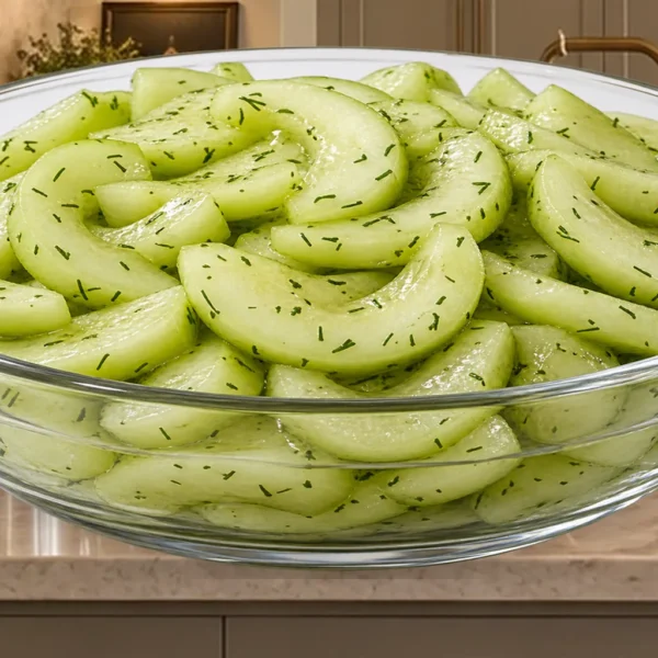 Close dill-marinated cucumber for Full GAPS in a clear glass bowl on the canonical WFLI counter