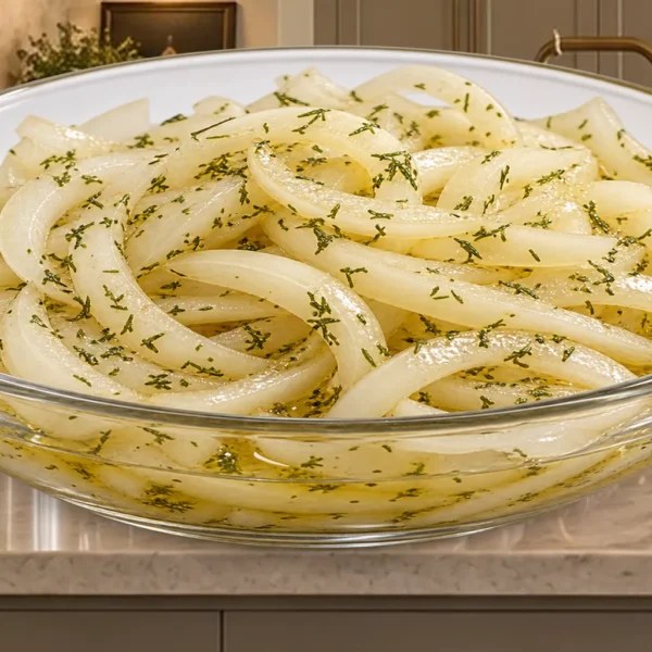 Close dill-marinated sweet onions for Full GAPS in a clear glass bowl on the canonical WFLI counter