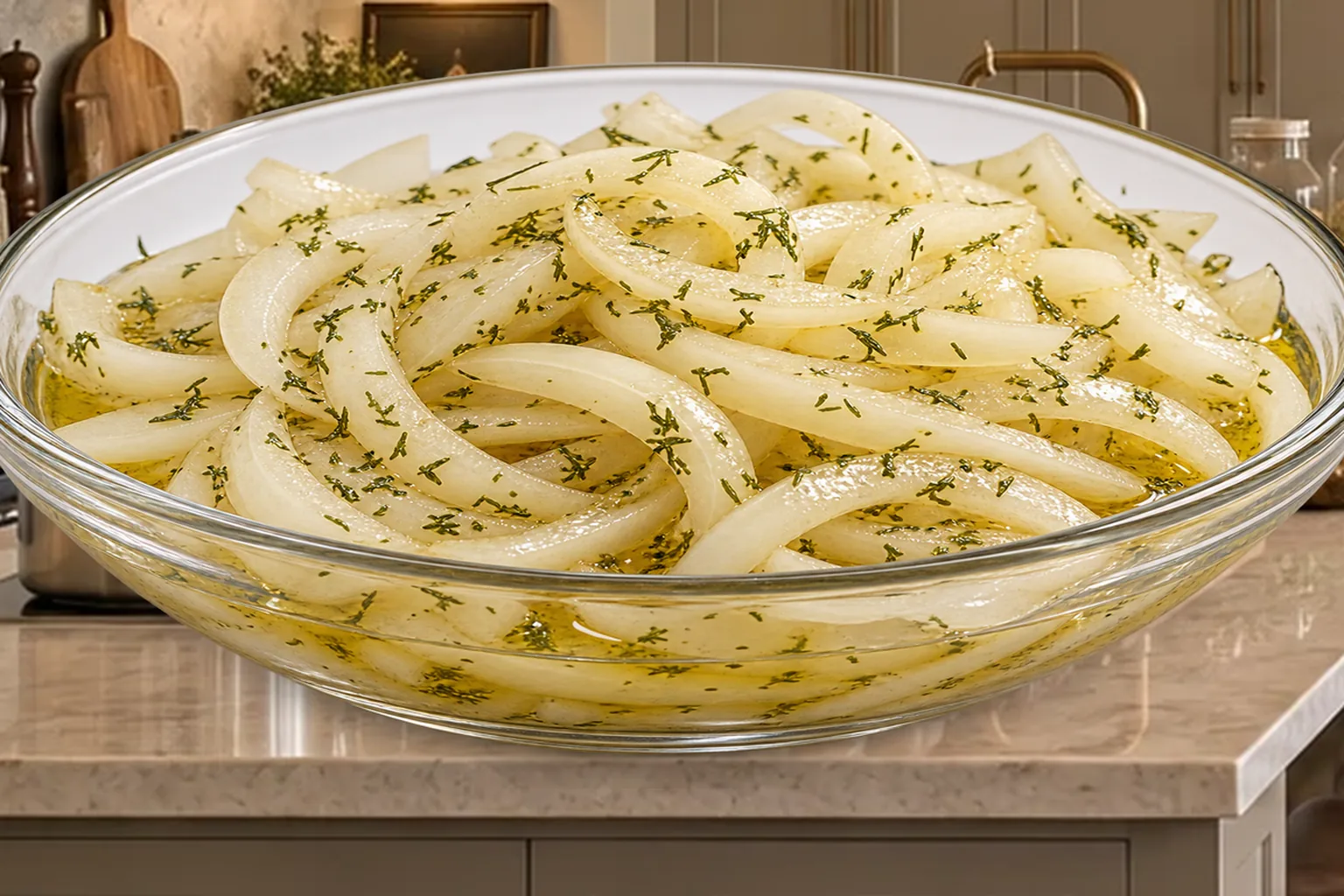 Close dill-marinated sweet onions for Full GAPS in a clear glass bowl on the canonical WFLI counter