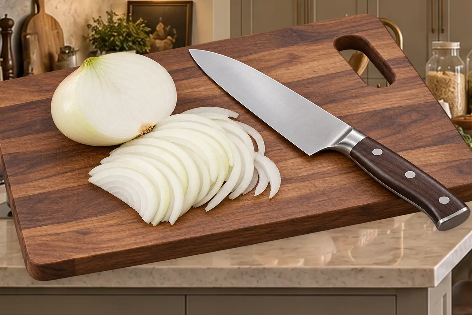 A halved sweet onion and thin onion half-moons for Full GAPS on a cutting board