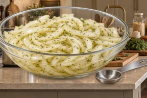 Thin sweet-onion slices lightly coated with olive oil, apple cider vinegar, dill, and mineral salt