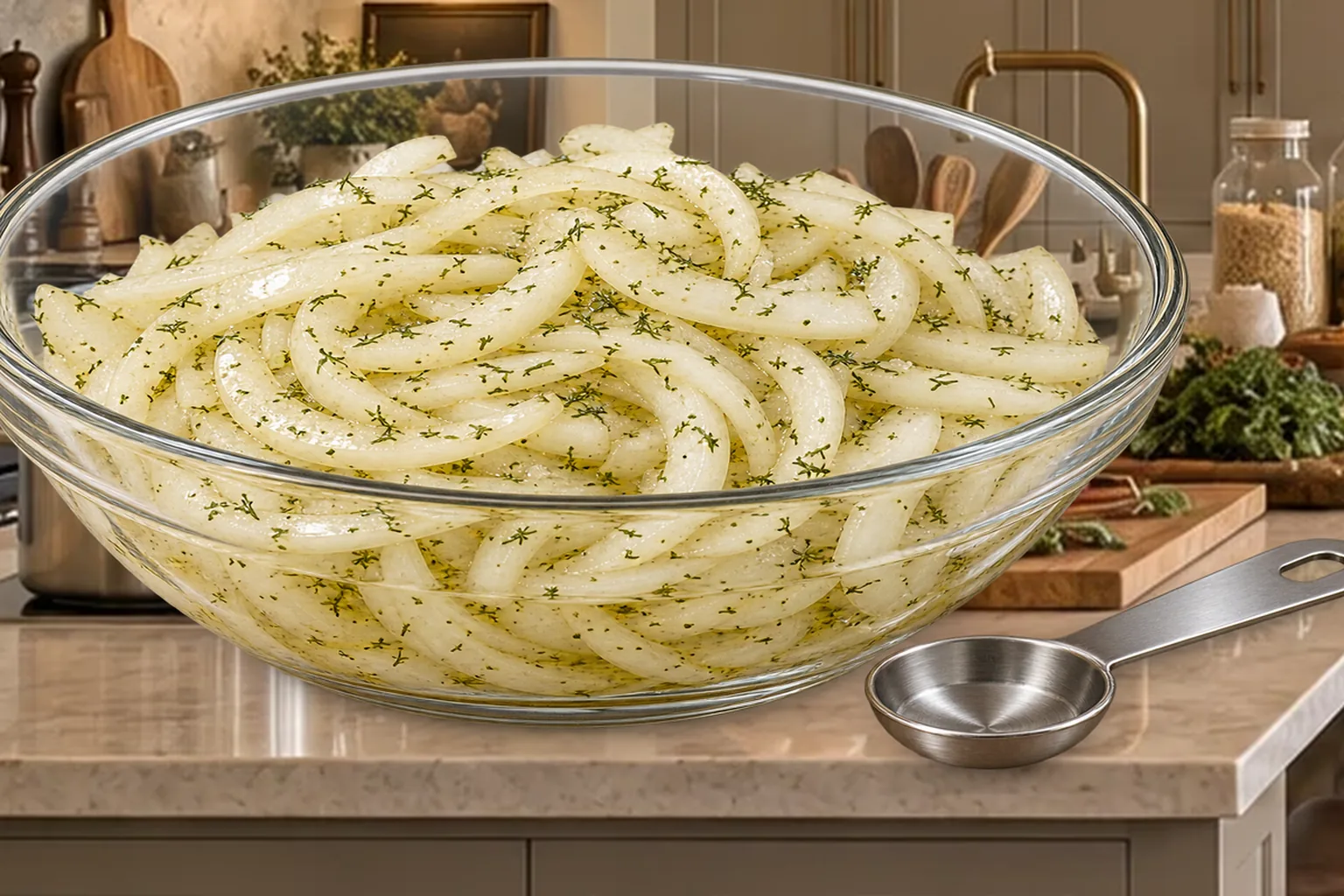Thin sweet-onion slices lightly coated with olive oil, apple cider vinegar, dill, and mineral salt
