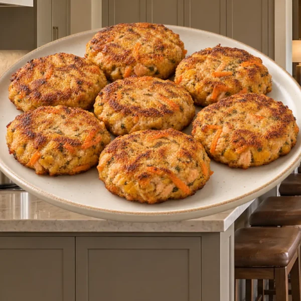 Egg-free salmon patties with carrot and squash for Full GAPS on a cream platter in the WFLI kitchen