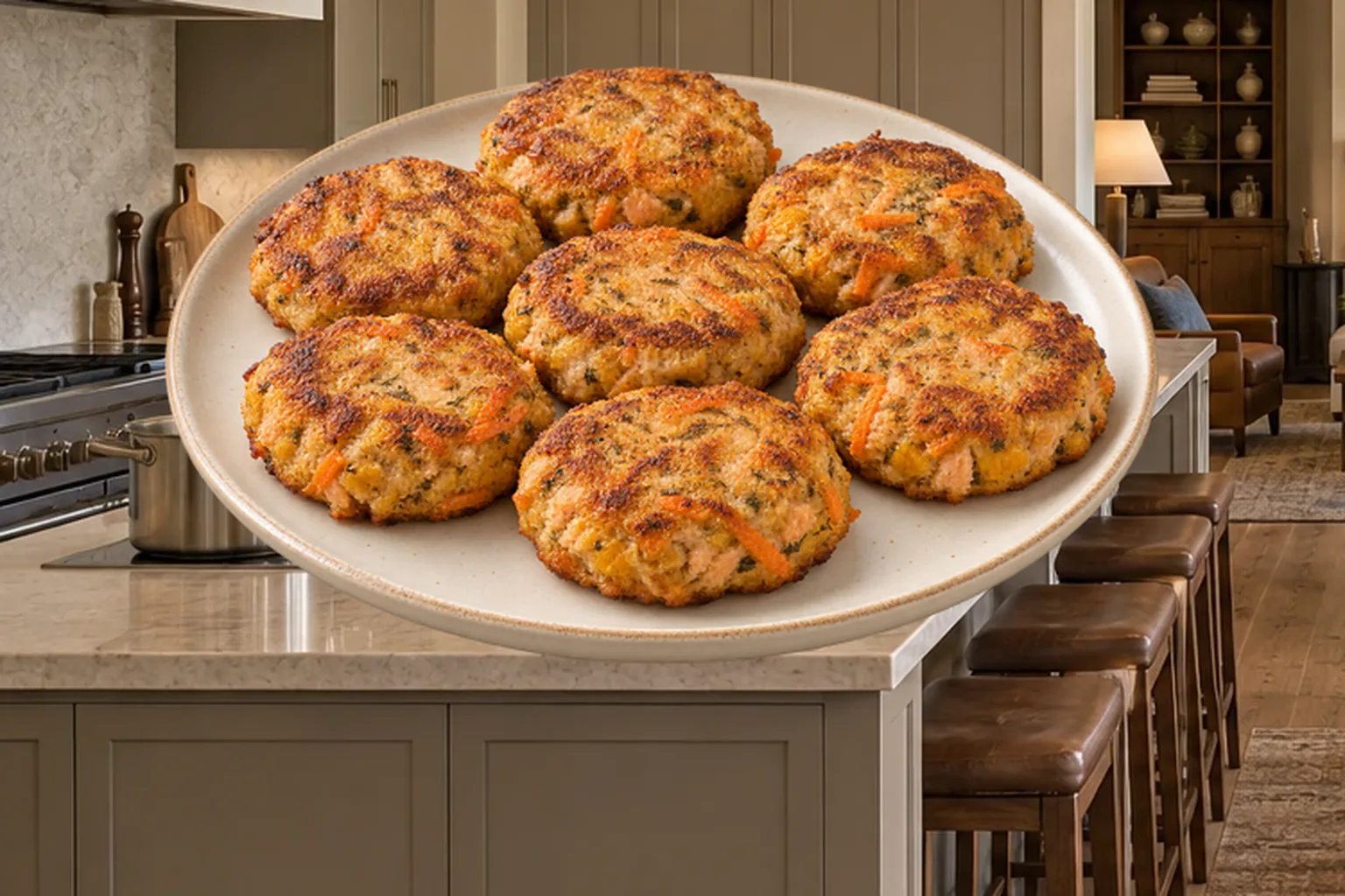 Egg-free salmon patties with carrot and squash for Full GAPS on a cream platter in the WFLI kitchen