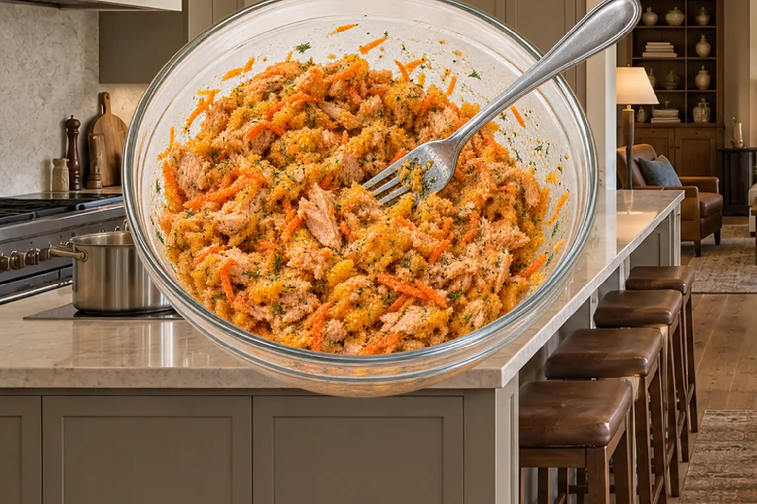 Wild salmon, grated carrot, home-cooked squash, tahini, gelatin, and dill mixture for Full GAPS egg-free salmon patties