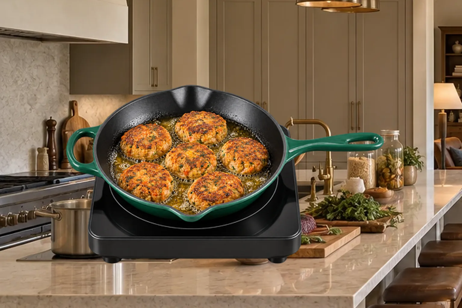Egg-free Full GAPS salmon patties frying in ghee in a Le Creuset Artichaut skillet on a countertop burner