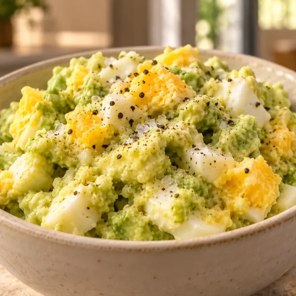 Chunky egg salad with avocado, medium-boiled eggs, sea salt, and black pepper