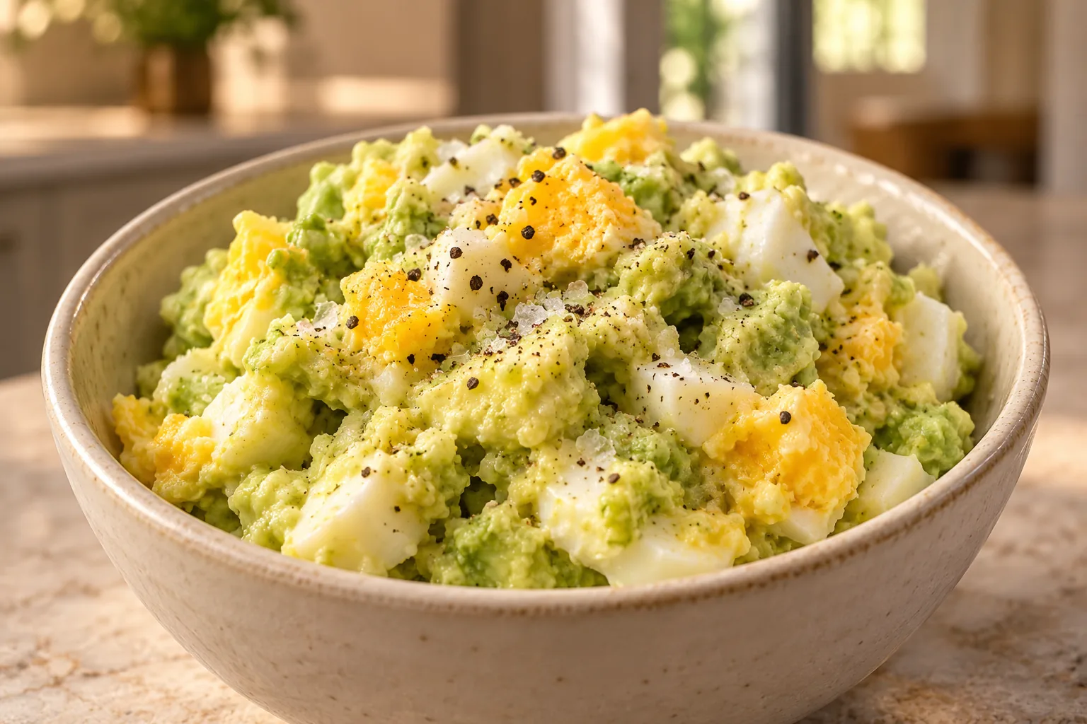 Chunky egg salad with avocado, medium-boiled eggs, sea salt, and black pepper