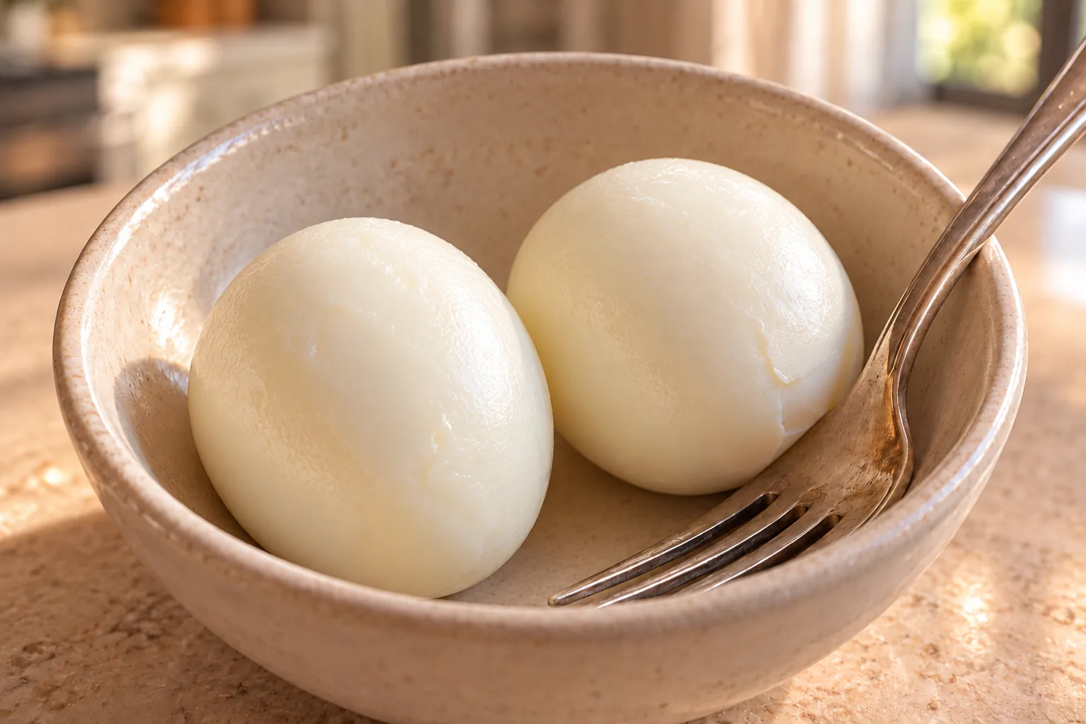 Two whole peeled medium-boiled eggs ready to mash in a ceramic bowl