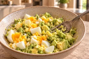 Two medium-boiled eggs and half an avocado partly mashed together