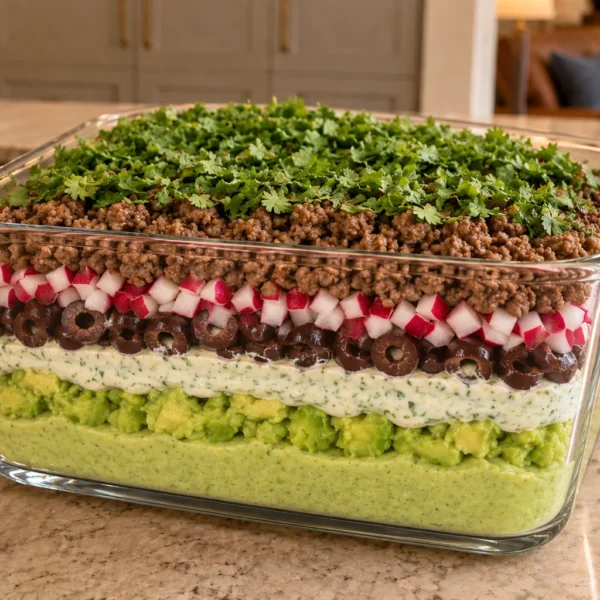 Family-size seven-layer dip for Full GAPS with zucchini hummus, guacamole, cilantro-lime ranch, olives, radishes, ground beef, and cilantro
