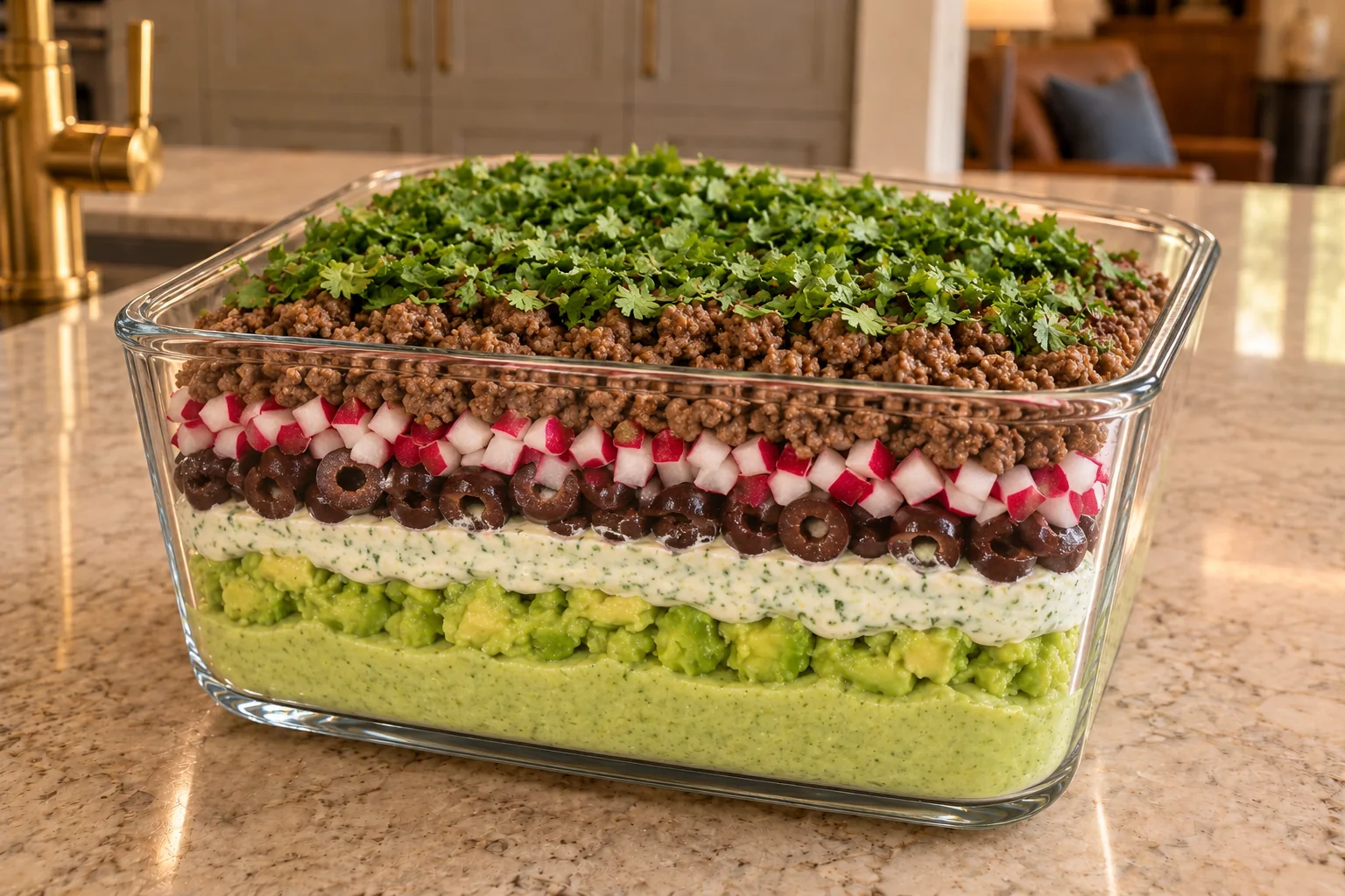 Family-size seven-layer dip for Full GAPS with zucchini hummus, guacamole, cilantro-lime ranch, olives, radishes, ground beef, and cilantro