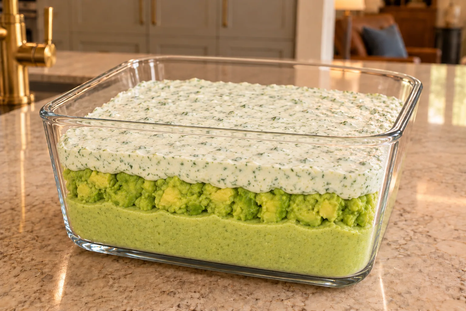Prepared zucchini hummus, avocado-lime guacamole, and cilantro-lime ranch layered in a clear glass dish