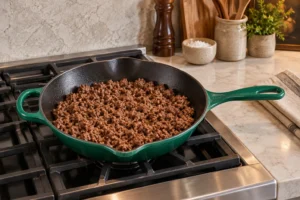 One pound ground beef browned into fine crumbles with sea salt in the exact Artichaut skillet