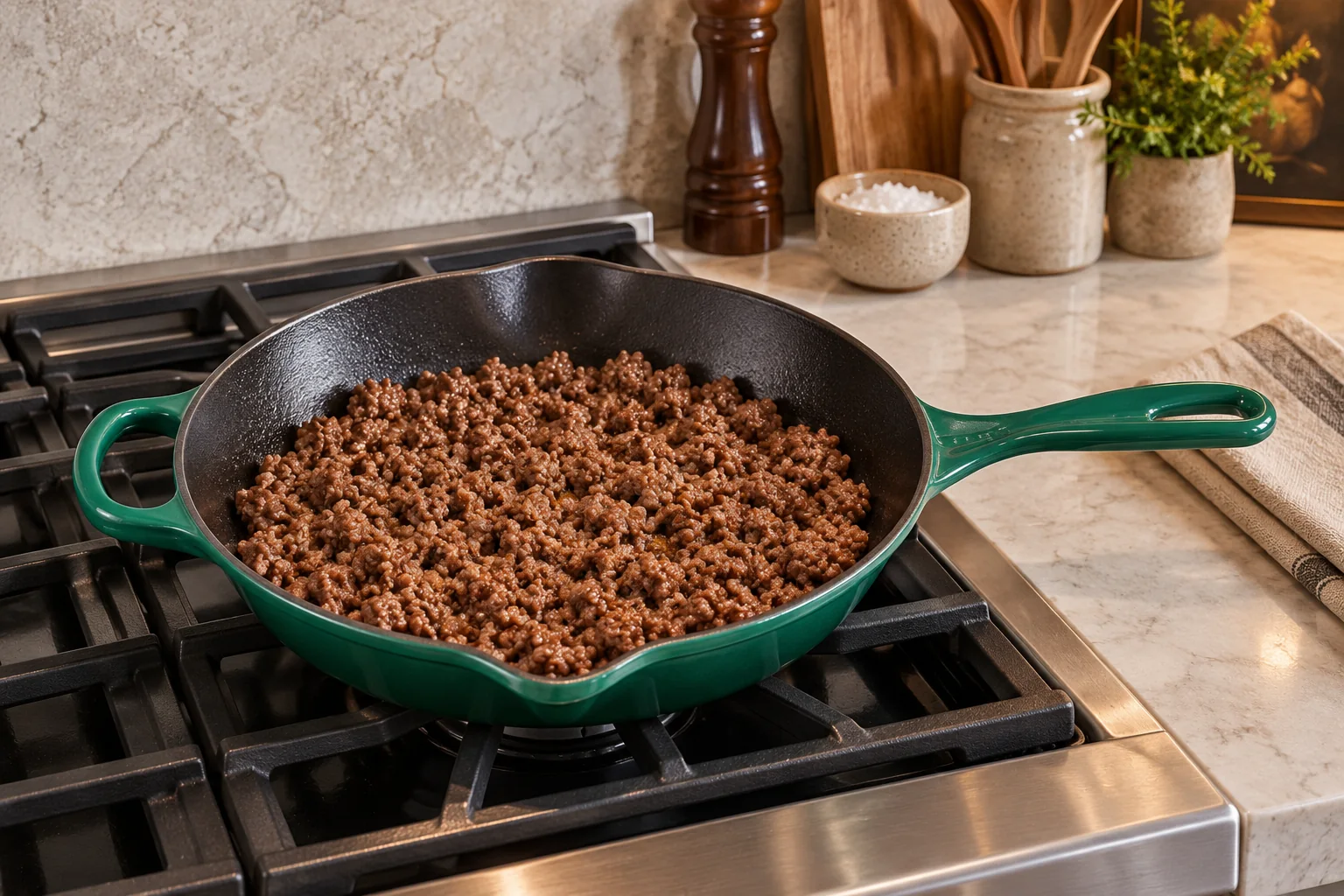 One pound ground beef browned into fine crumbles with sea salt in the exact Artichaut skillet