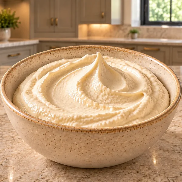Fermented cashew faux sour cream for Full GAPS in a cream-speckled bowl on the WFLI kitchen island