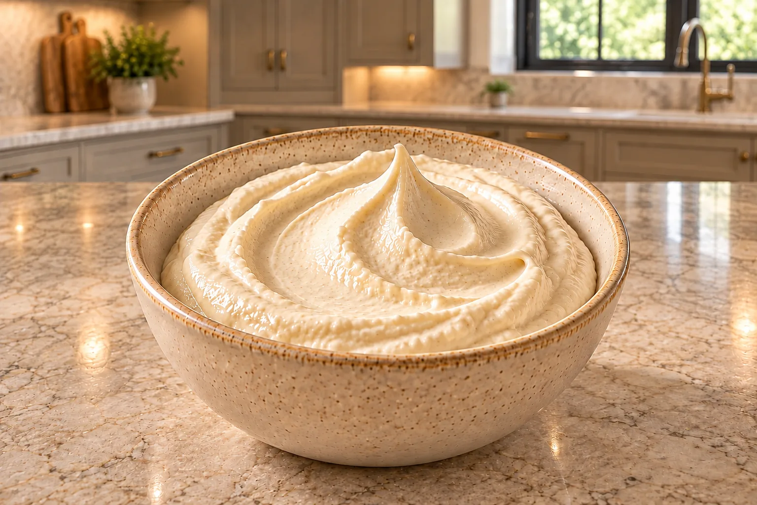 Fermented cashew faux sour cream for Full GAPS in a cream-speckled bowl on the WFLI kitchen island