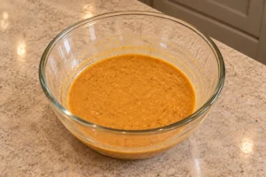Smooth thin pumpkin egg pancake batter for Full GAPS resting in a glass mixing bowl after whisking