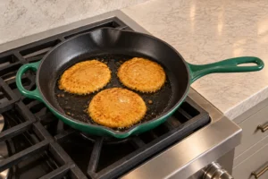 Small Full GAPS pumpkin egg pancakes with set edges and slightly opaque centers in an Artichaut skillet