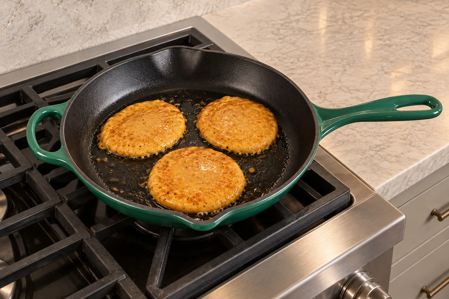 Small Full GAPS pumpkin egg pancakes with set edges and slightly opaque centers in an Artichaut skillet