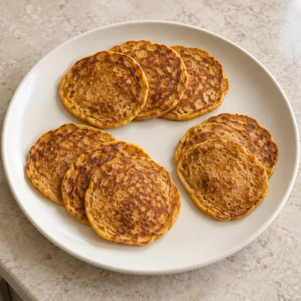 Eight small thin flourless pumpkin egg pancakes for Full GAPS on an ivory plate