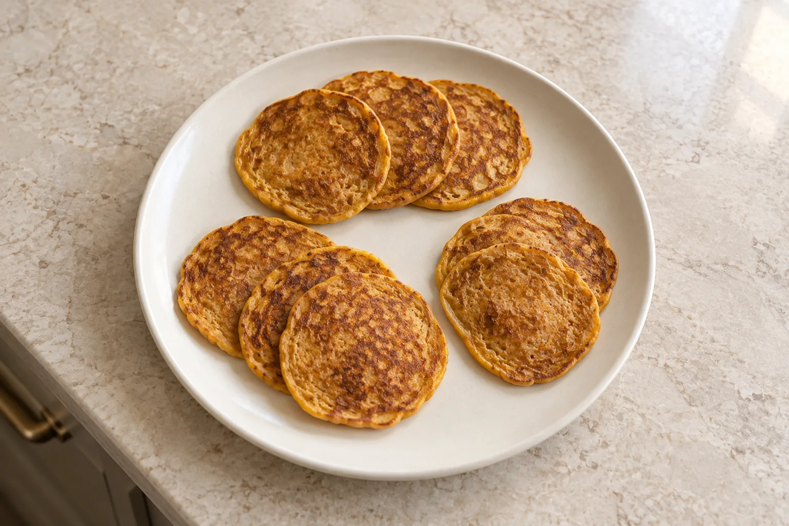 Eight small thin flourless pumpkin egg pancakes for Full GAPS on an ivory plate