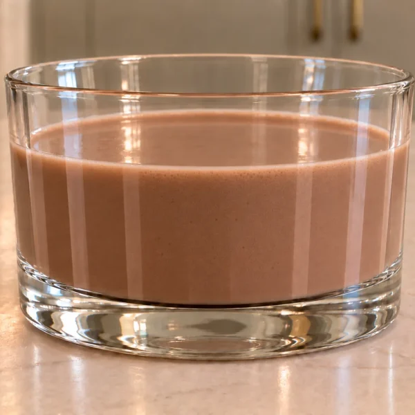 Fresh cream chocolate drink with honey for Later Full GAPS in a clear glass on the warm WFLI kitchen island
