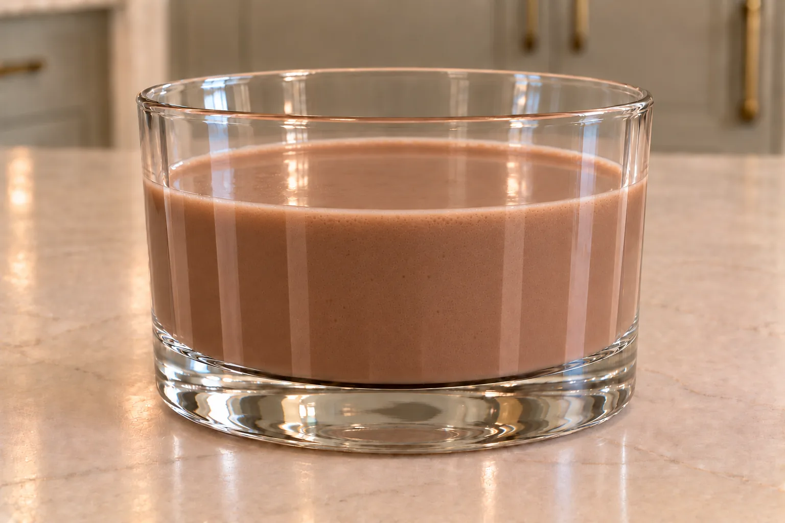 Fresh cream chocolate drink with honey for Later Full GAPS in a clear glass on the warm WFLI kitchen island