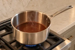 A shallow cocoa and gelatin base steaming without simmering in a supported Le Creuset stainless saucepan