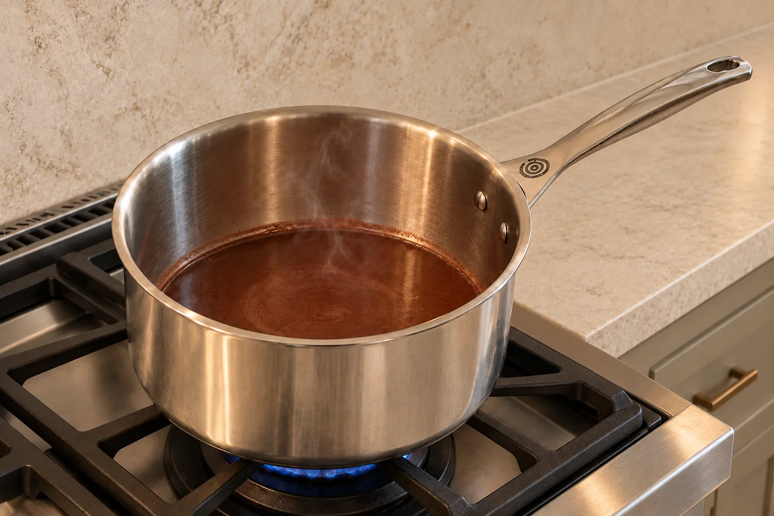 A shallow cocoa and gelatin base steaming without simmering in a supported Le Creuset stainless saucepan