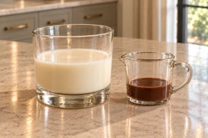 Fresh cream and cold filtered water beside cooled cocoa concentrate before mixing the Later Full GAPS chocolate drink