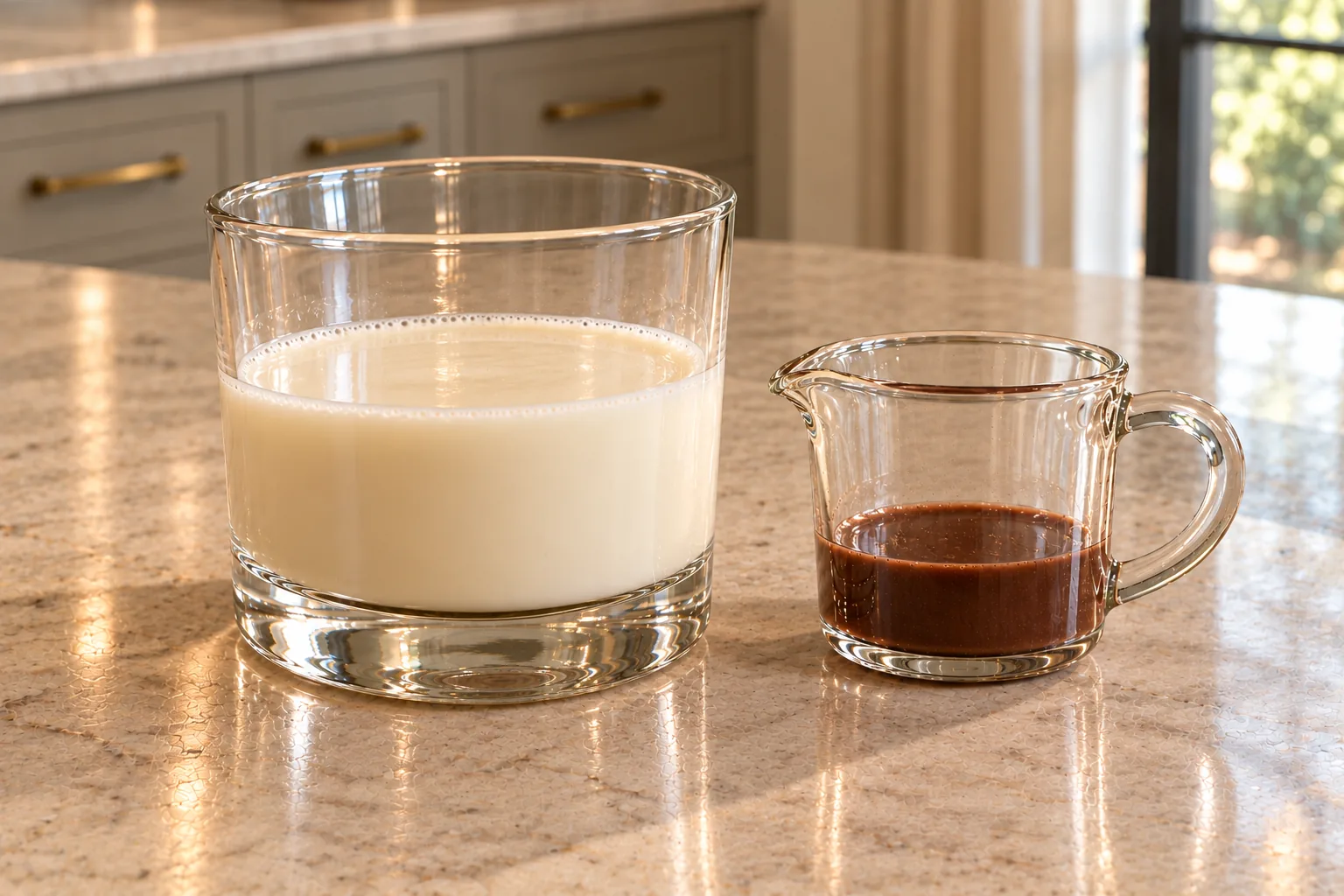Fresh cream and cold filtered water beside cooled cocoa concentrate before mixing the Later Full GAPS chocolate drink