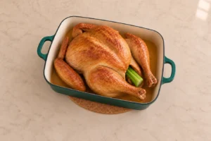 Golden whole roast turkey with celery in an Artichaut roaster for GAPS Intro Stage 4 onward and Full GAPS.
