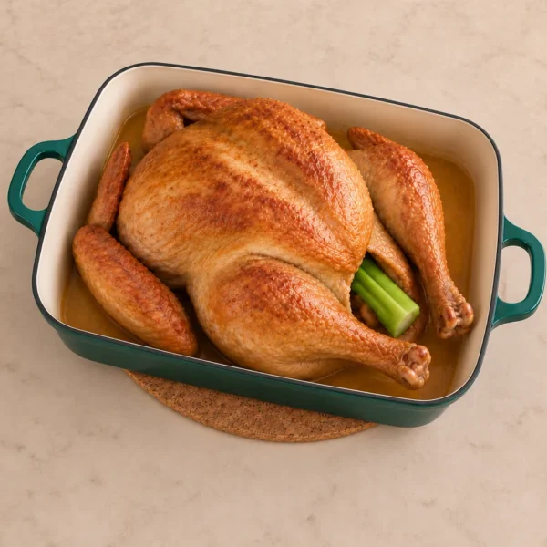 Golden whole roast turkey with celery in an Artichaut roaster for GAPS Intro Stage 4 onward and Full GAPS.