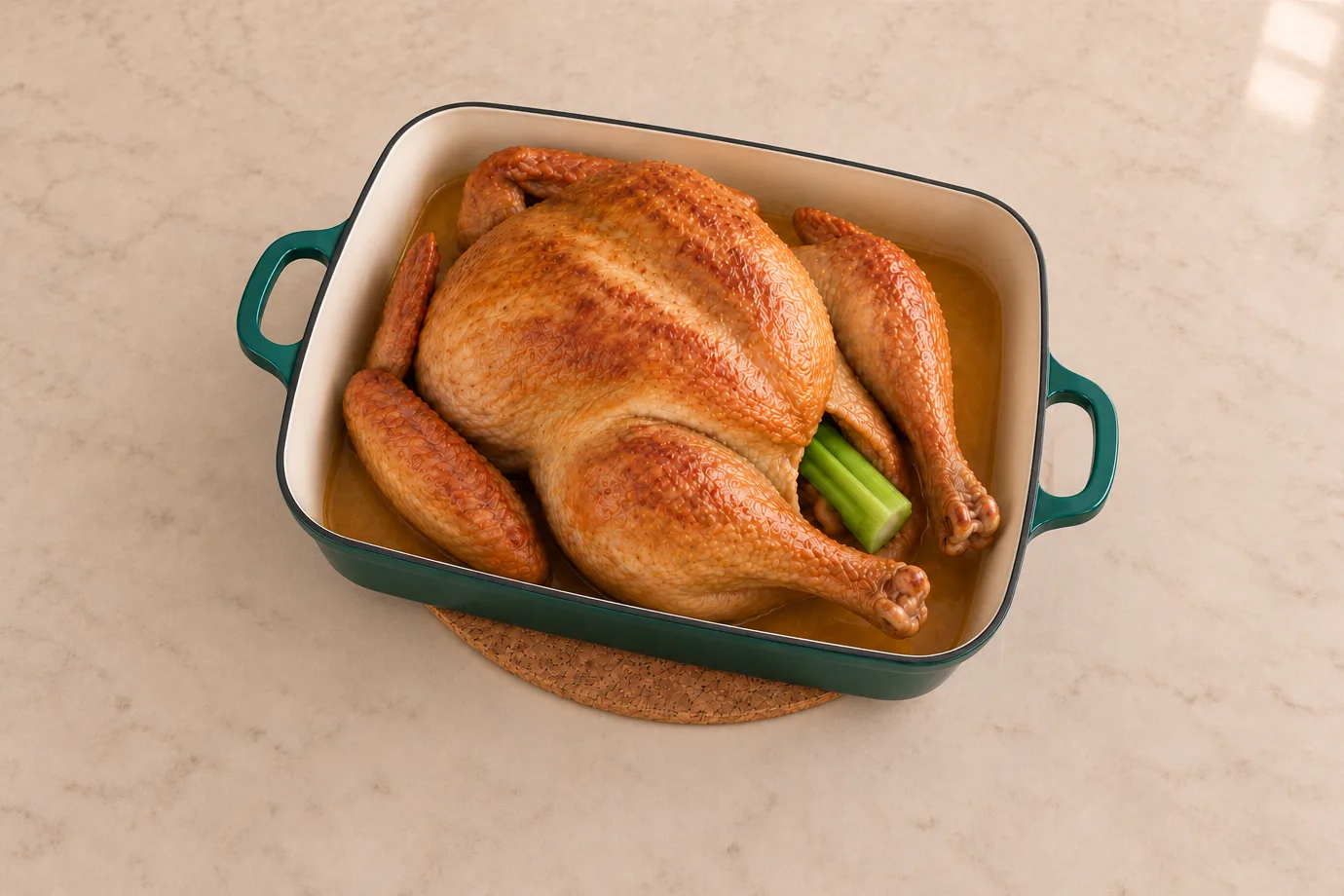 Golden whole roast turkey with celery in an Artichaut roaster for GAPS Intro Stage 4 onward and Full GAPS.