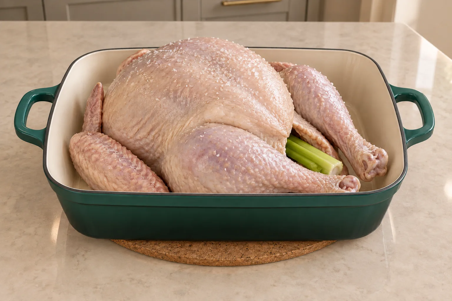 Raw whole turkey salted with garlic beneath the skin and celery in the cavity, before roasting for GAPS Intro Stage 4 onward.